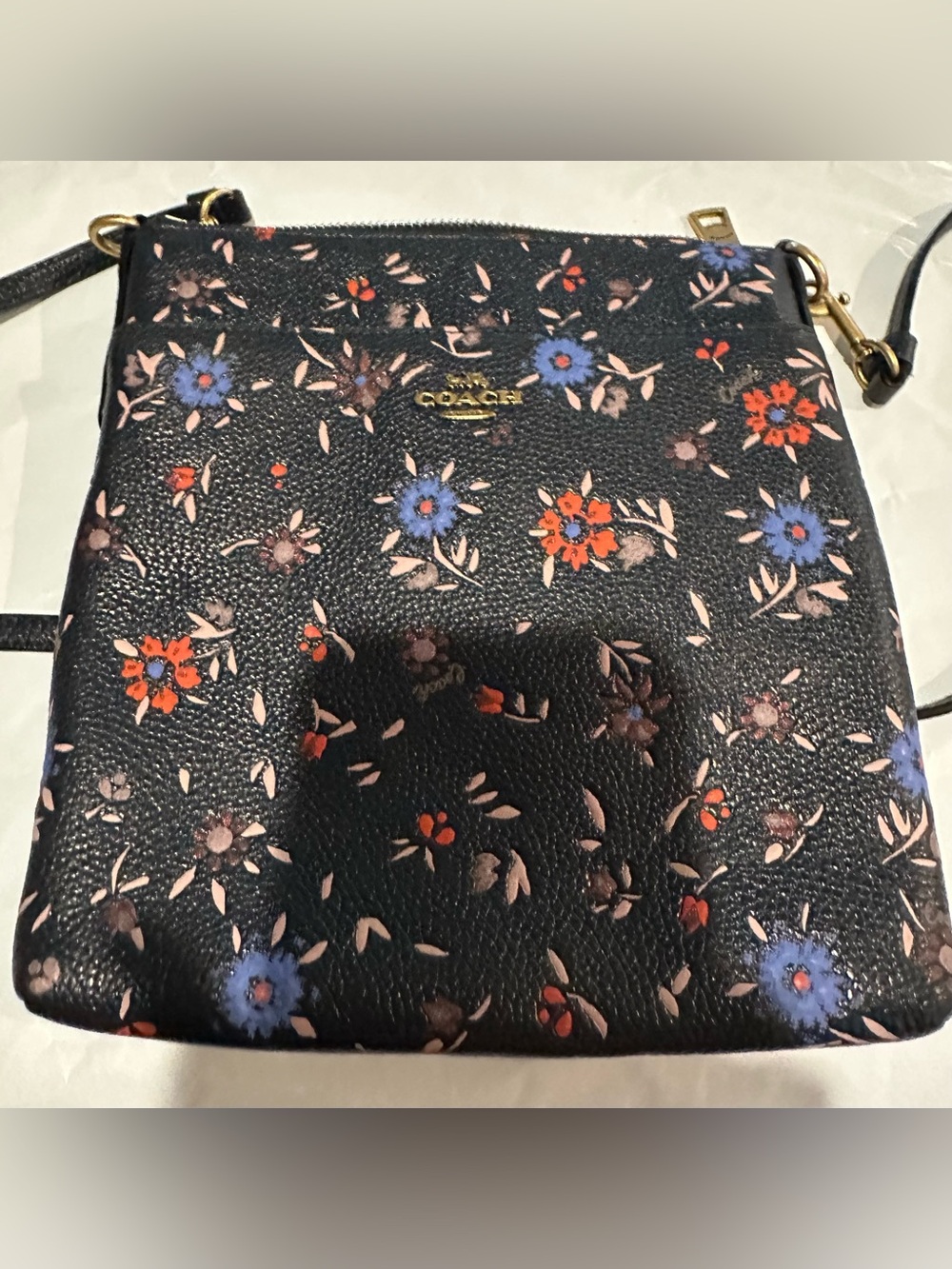 Coach Black Pebbled Leather Crossbody with Blue & Red Floral Print